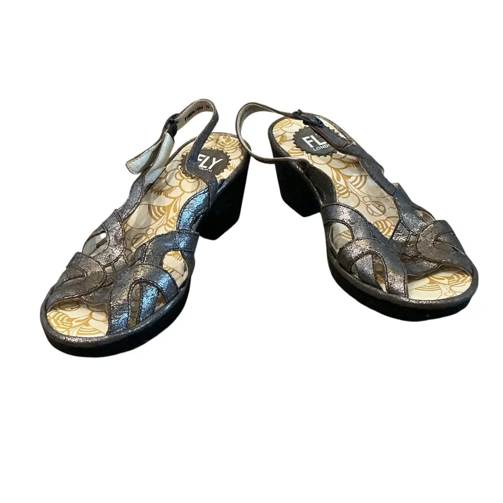 Fly London Womens Leather Sandals 39 8 8.5 Pewter Weza Slingback Wedge Grunge